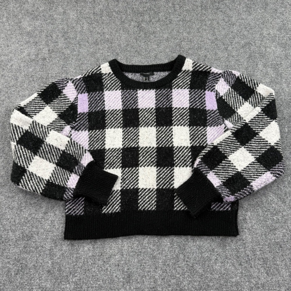 Forever 21 Sweater Small Buffalo Plaid Crew Neck L/S Crop Purple Black Women's